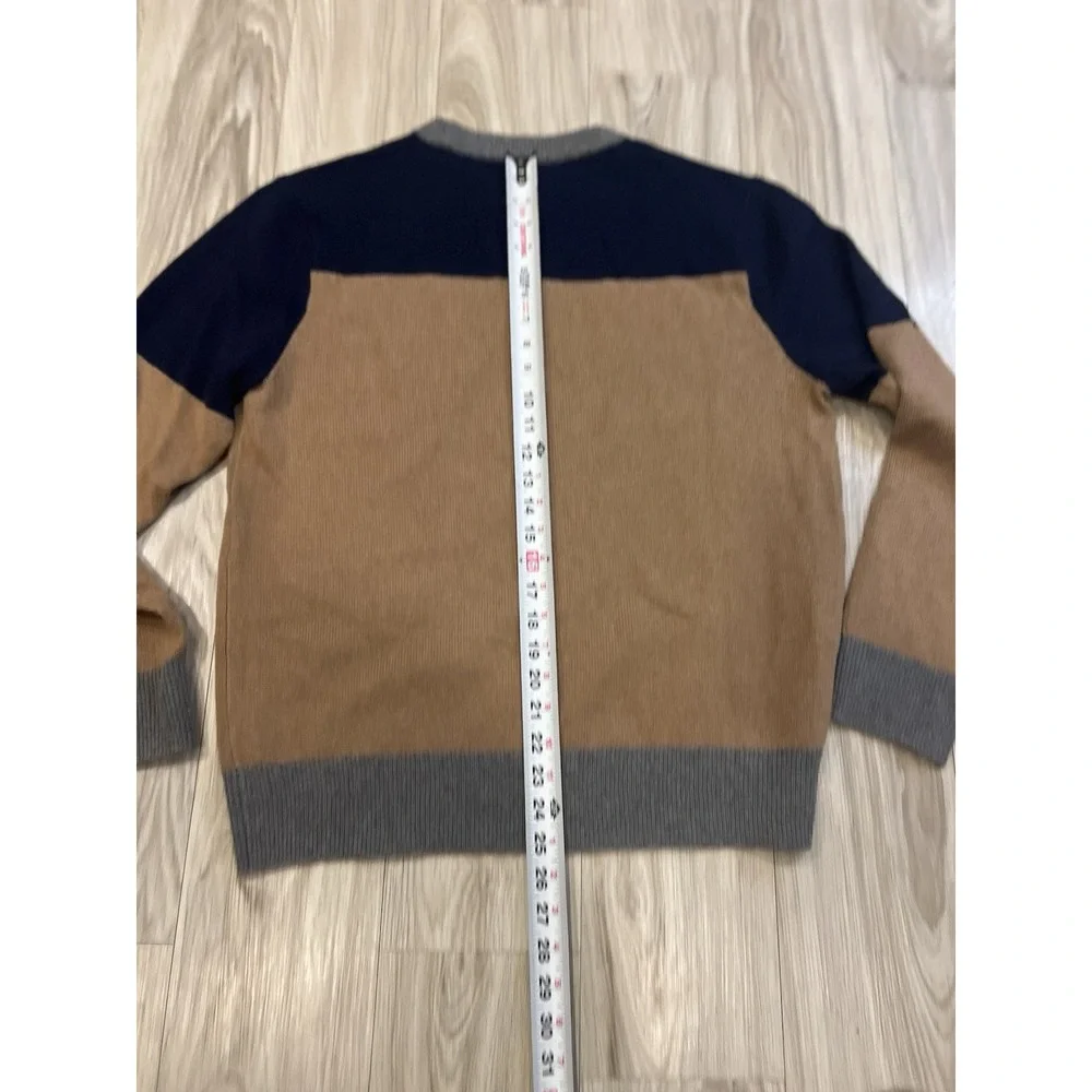 J Crew Sweater Mens 100% Wool Crewneck Tan/Blue/Silver Color-block EUC Large